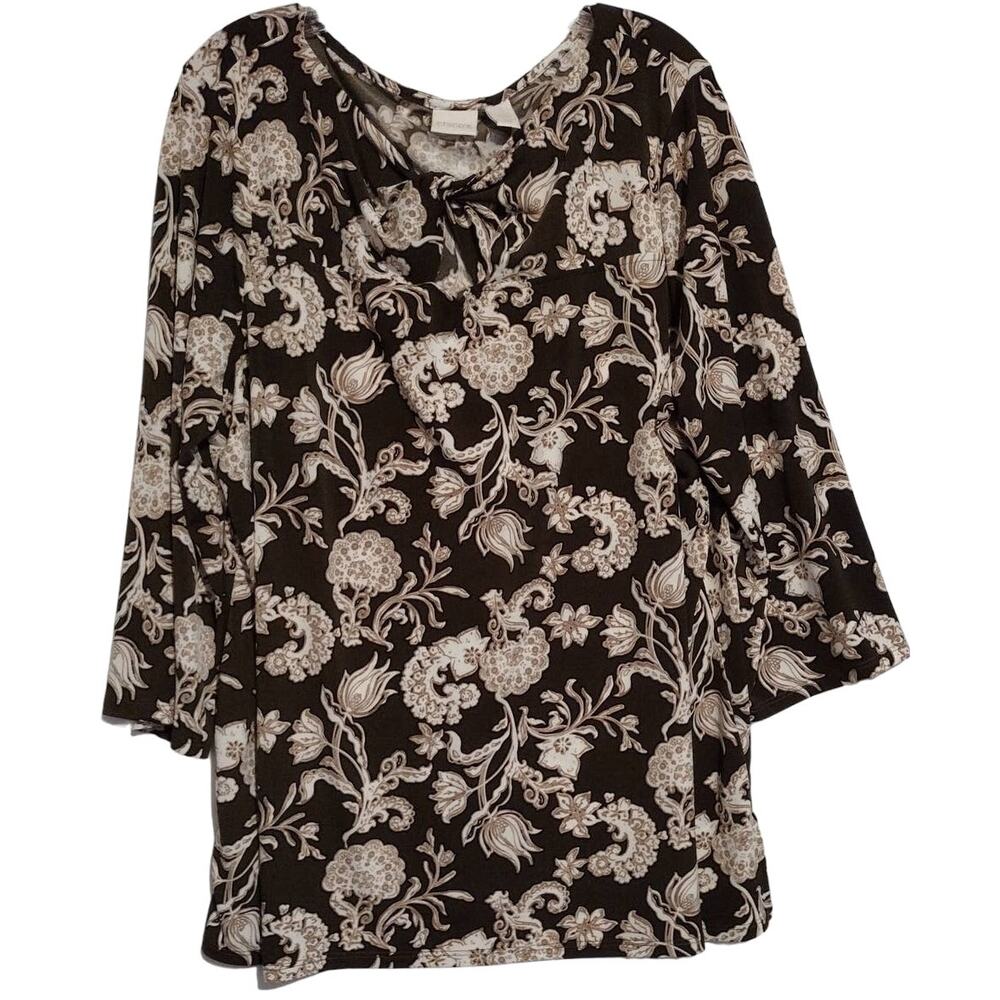 Chico's Women's Tunic Top‎ Brown Floral Twist Keyhole Neckline Size 3 (XL)